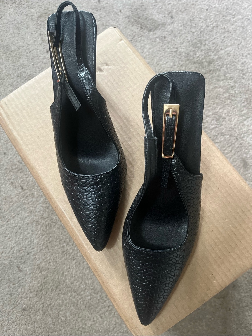 Black Pointed Slingback Pumps with Gold Accent